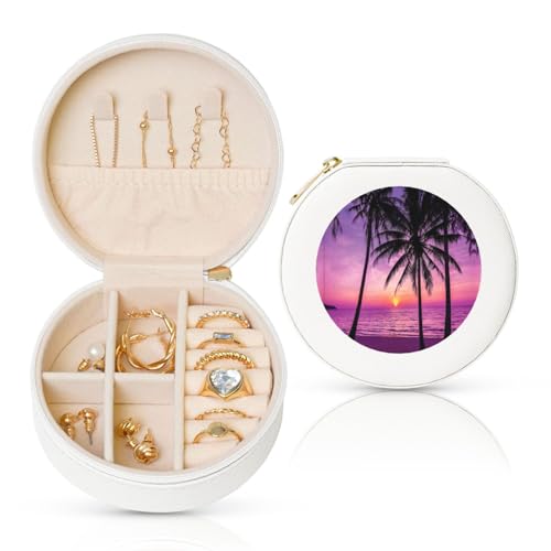 Liulannq Runde Schmuckschatulle aus Leder, Motiv: Palme, Sonnenuntergang Liulannq Runde Schmuckschatulle aus Leder, Motiv: Palme, Sonnenuntergang von Liulannq
