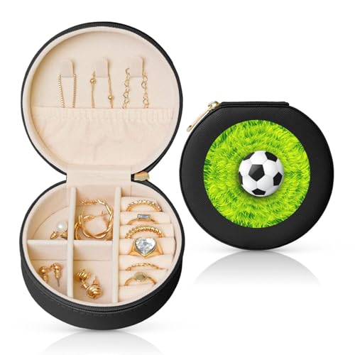 Liulannq Runde Schmuckschatulle aus Leder mit Fußball auf Gras von Liulannq