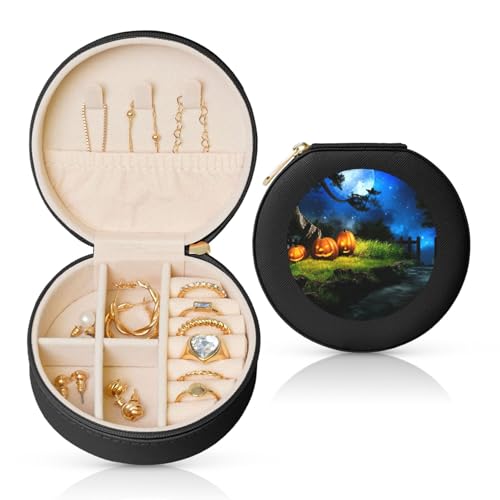 Liulannq Runde Schmuckschatulle aus Leder mit Halloween-Kürbissen von Liulannq