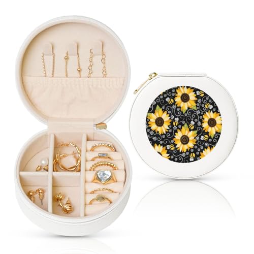 Liulannq Runde Schmuckschatulle aus Leder mit Sonnenblumen-Motiv von Liulannq