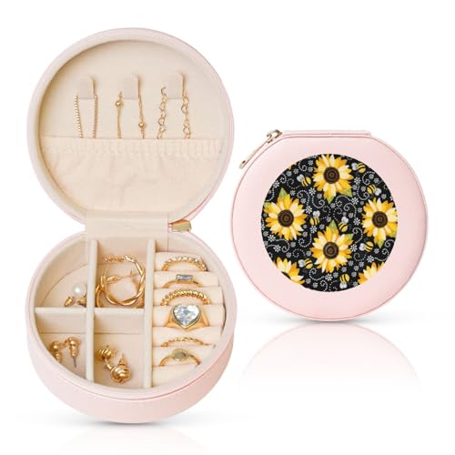 Liulannq Runde Schmuckschatulle aus Leder mit Sonnenblumen-Motiv von Liulannq