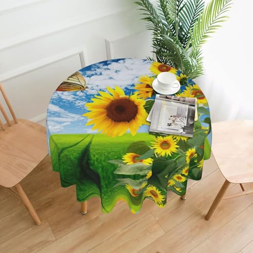 Liulannq Tischdecke mit Sonnenblumen-Schmetterlingen, rund, dekorativ, lang, 152,4 cm von Liulannq