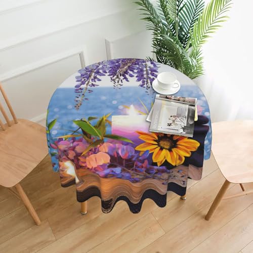 Liulannq Tischdecke mit Steinen mit Kerzen, Gänseblümchen, rund, dekorativ, lang, 152,4 cm von Liulannq