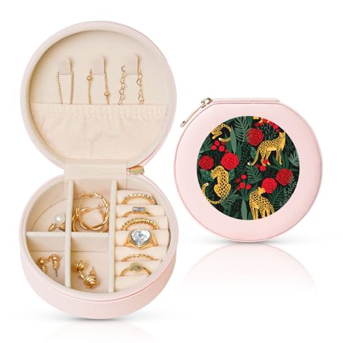 Runde Schmuckschatulle aus Leder mit Leoparden- und Rosen von Liulannq
