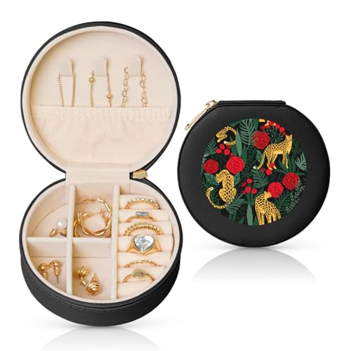 Runde Schmuckschatulle aus Leder mit Leoparden- und Rosen von Liulannq