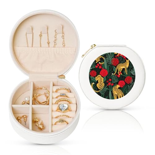 Runde Schmuckschatulle aus Leder mit Leoparden- und Rosen Runde Schmuckschatulle aus Leder mit Leoparden- und Rosen von Liulannq
