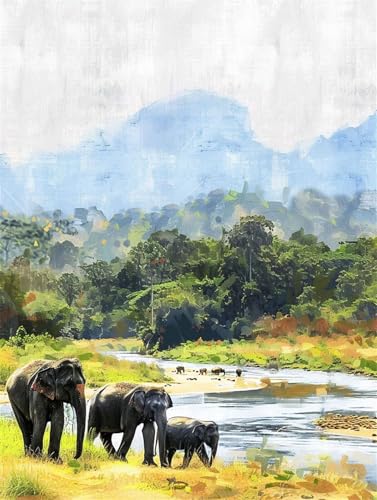 Malen Nach Zahlen Erwachsene Elefant Malen Nach Zahlen Landschaft, DIY Hand Painted Oil Painting Canvas Kits with Brushes-Acrylic Paints, Paint by NumbersBeginners, Geschenke für Frauen 70x90cm Q1-853 von Liuzhbnn
