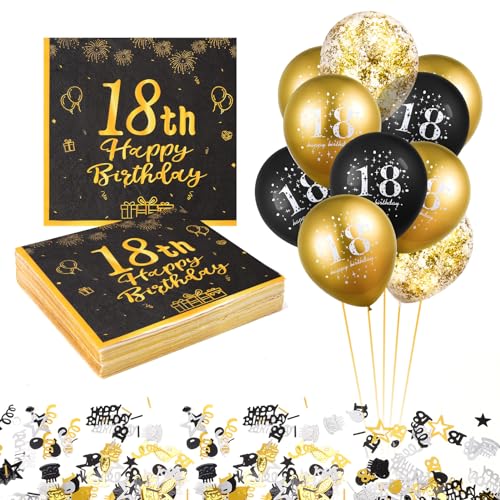 18. Geburtstag Deko Servietten 40 Stück,15 Stück Schwarz Gold Luftballons,Konfetti,Geburtstag Servietten für 18 Geburtstag Mädchen Junge,3-Lagig Geburtstagsservietten von Livdouyu
