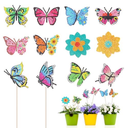 Livdouyu 12 Pcs Diamond Painting Gartenstecker, Diamond Painting Schmetterling Set, Art Diamond Painting für Garten Dekor, DIY SchmetterlingDiamant Painting Basteln Ornaments Zubehör für Kinder von Livdouyu