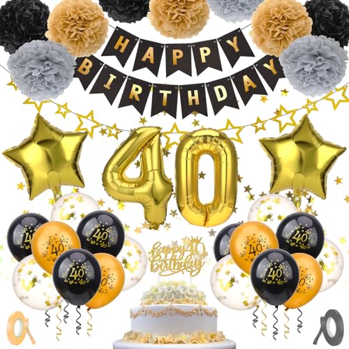 Livdouyu 40 Geburtstag Mann, 40 Geburtstag Deko, Luftballons 40 Geburtstag, 15cm Bunt Papierblumenkugeln, Nummer 40 Folienballons, Happy Birthday Banner für 40 Geburtstag?Schwarz & Gold ? von Livdouyu