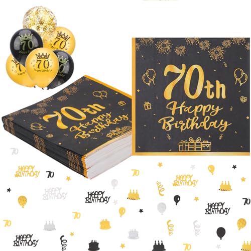 Livdouyu 40 Stück Geburtstag 70 Servietten Schwarz Gold Happy Birthday Servietten Papierservietten 33x33cm, 15 Stück Schwarz Gold Luftballons mit Geburtstag Konfetti für 70. Geburtstag Deko von Livdouyu