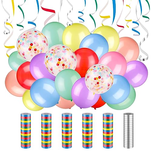 Livdouyu 6 Rollen Papierschlangen, Luftschlangen Regenbogen und Silber Metallic, 40 Stück Luftballons Bunt, Konfetti-Luftballons, 12 Zoll Latexballons Deko für Mädchen und Jungen, Geburtstag, Hochzeit von Livdouyu
