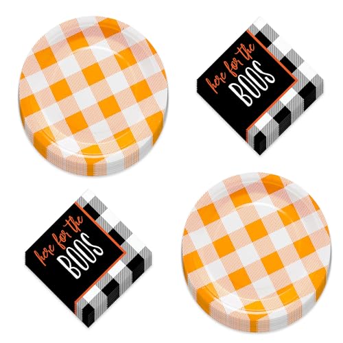 Halloween Party Black Plaid Spider Papier Dessertteller & "Here for the Boos" Getränkeservietten (16 Stück) von Live It Up! Party Supplies