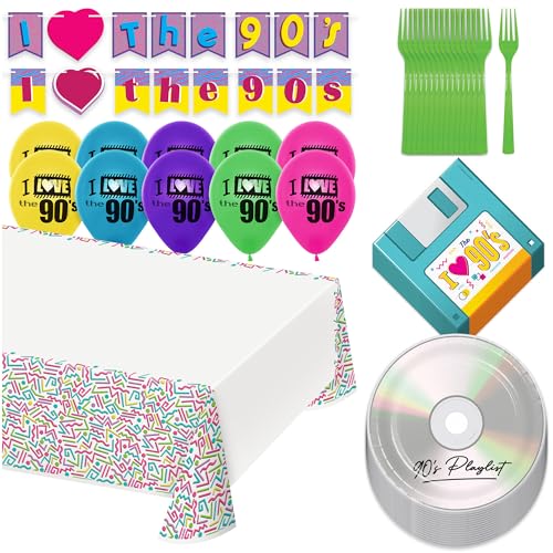 Party-Set mit 90er-Jahre-Mix, CD-Teller, Disk-Servietten, Gabeln, Tischdecke, Banner und I Love The 90's Balloons (serviert 16) von Live It Up! Party Supplies