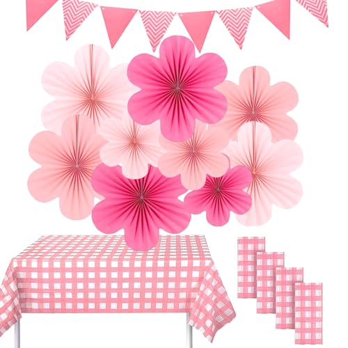 LiveGo 14-teiliges Picknick-Party-Dekorationsset, Partyzubehör beinhaltet Wimpelbanner, hängende Papierfächer, runde Laternen, Einweg-Tischdecke aus Kunststoff für Grill, Picknick, Hochzeit von LiveGo
