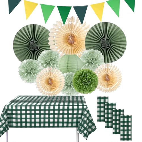 LiveGo 16-teiliges Picknick-Party-Dekorationsset, Partyzubehör beinhaltet Wimpelbanner, hängende Papierfächer, runde Laternen, Einweg-Tischdecke aus Kunststoff für Grill, Picknick, Hochzeit von LiveGo
