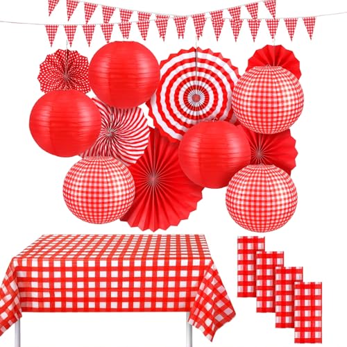 LiveGo 18-teiliges Picknick-Party-Dekorationsset, Partyzubehör beinhaltet Wimpelbanner, hängende Papierfächer, runde Laternen, Einweg-Tischdecke aus Kunststoff für Grill, Picknick, Hochzeit von LiveGo
