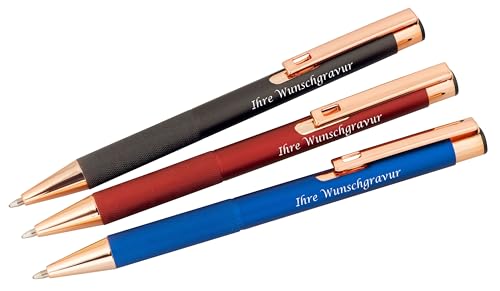 3x Metall-Kugelschreiber mit Gravur / rosegoldene Beschläge / je 1xgrau,blau,rot von Livepac-Office