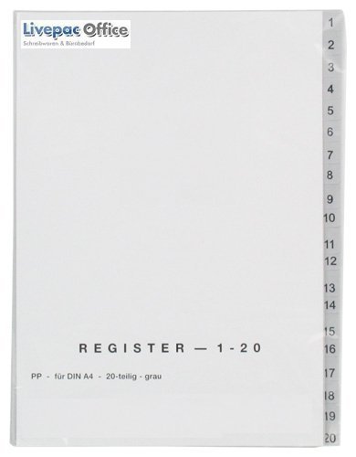 5x Ordner Register 1-20 / DIN A4 / Farbe: grau / 20tlg. von Livepac-Office