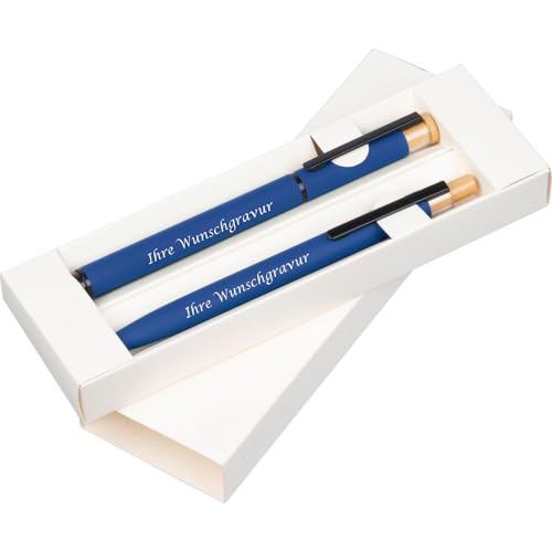 Schreibset mit Kugelschreiber und Rollerball aus Metall mit Gravur/Farbe: blau Schreibset mit Kugelschreiber und Rollerball aus Metall mit Gravur/Farbe: blau von Livepac-Office