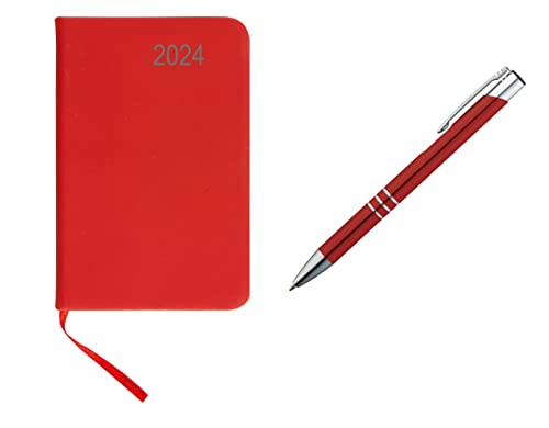 Taschenkalender 2024 / ca A7 / PU Einband / Farbe: rot + Metall Kugelschreiber von Livepac-Office