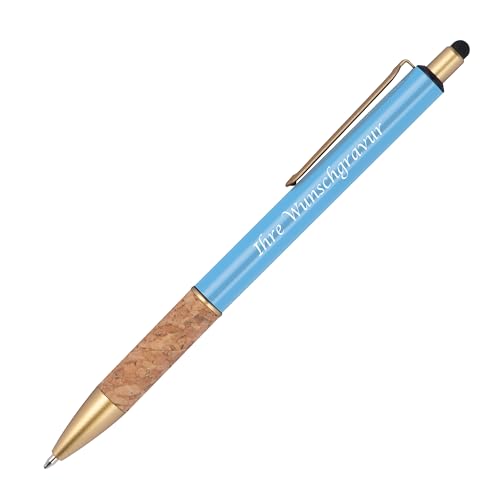 Touchpen Metall-Kugelschreiber mit Gravur / mit Korkgriffzone / Farbe: hellblau Touchpen Metall-Kugelschreiber mit Gravur / mit Korkgriffzone / Farbe: hellblau von Livepac Office