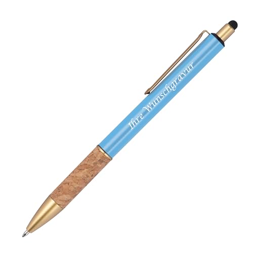 Touchpen Metall-Kugelschreiber mit Gravur / mit Korkgriffzone / Farbe: hellblau von Livepac Office