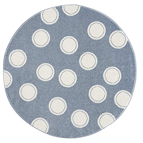 Livone Kinderzimmer Baby Pflegeleicht Kinderteppich Punkte Kreise Blau Weiss Grösse 150 cm rund von Livone