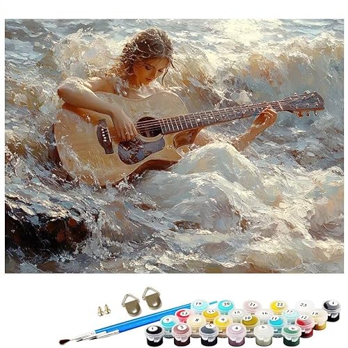 Malen Nach Zahlen Erwachsene Frau Gitarre Malen Nach Zahlen DIY Paint by Numbers Kit für Anfänger und Erwachsene mit 3 Pinseln und Acrylfarben für Deko Wohnzimmer Geschenk, Ohne Rahmen 60x80cm L8-217 von Lixfagng