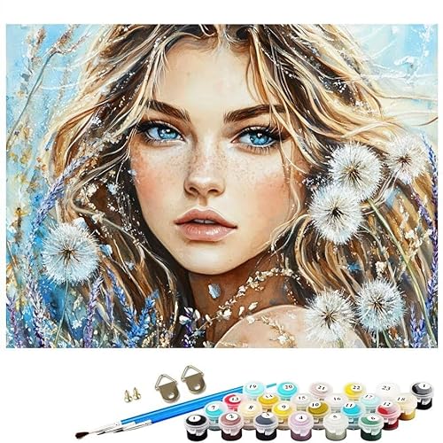 Malen Nach Zahlen Erwachsene Frau Löwenzahn, Malen Nach Zahlen Kinder ab 7 mit Pinseln und Acrylfarben DIY Ölgemälde Set Basteln Leinwand Bild Erwachsene für Home Deko 60x80CM Ohne Rahmen L8-204 von Lixfagng