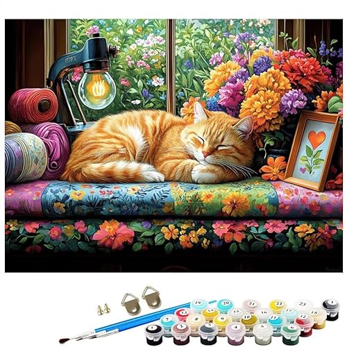 Malen Nach Zahlen Erwachsene Katze Fenster, Malen Nach Zahlen Kinder ab 7 mit Pinseln und Acrylfarben DIY Ölgemälde Set Basteln Leinwand Bild Erwachsene, Home Deko Geschenk 60x80CM Ohne Rahmen L8-192 von Lixfagng