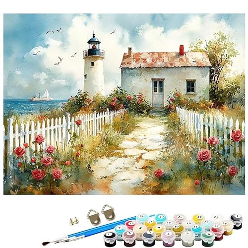 Malen Nach Zahlen Erwachsene Leuchtturm Kabine Malen Nach Zahlen DIY Paint by Numbers Kit für Anfänger und Erwachsene mit 3 Pinseln Acrylfarben,Deko Wohnzimmer Geschenk,Ohne Rahmen 60 x 80 CM L8-203 von Lixfagng