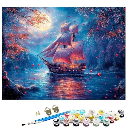 Malen Nach Zahlen Erwachsene Nachthimmel Boot, Malen Nach Zahlen Kinder ab 7 mit Pinseln und Acrylfarben DIY Ölgemälde Set Basteln Leinwand Bild Erwachsene für Home Deko 60x80CM Ohne Rahmen L8-216 von Lixfagng
