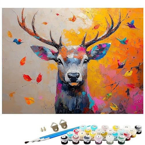 Malen Nach Zahlen Erwachsene Reh Blätter, Malen Nach Zahlen Kinder ab 7 mit Pinseln und Acrylfarben DIY Ölgemälde Set Basteln Leinwand Bild Erwachsene, Home Deko Geschenk 40x50cm Ohne Rahmen L8-206 von Lixfagng