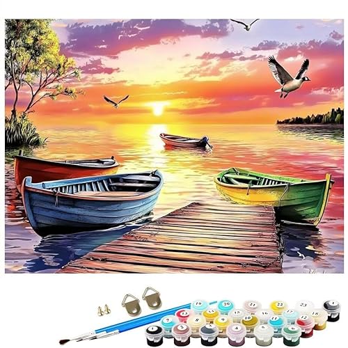 Malen Nach Zahlen Erwachsene See Boot, Malen Nach Zahlen Kinder ab 7 mit Pinseln und Acrylfarben DIY Ölgemälde Set Basteln Leinwand Bild Erwachsene, Home Deko Geschenk 100x150cm Ohne Rahmen L8-32 von Lixfagng