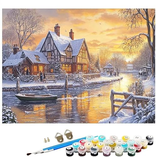 Malen Nach Zahlen Erwachsene Winter Schneehaus, Malen Nach Zahlen Kinder ab 7 mit Pinseln und Acrylfarben DIY Ölgemälde Set Basteln Leinwand Bild Erwachsene, Home Deko 30 x 40 cm Ohne Rahmen L8-196 von Lixfagng