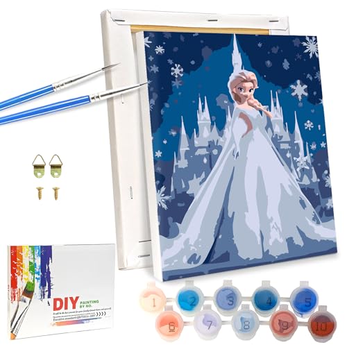 Lixkuokuo Eiskönigin Malen Nach Zahlen mit Rahmen für Kinder ab 6 Jahre und Junior Erwachsene Anfänger, 18x24cm Kleine DIY Cartoon Eisa Prinzessin Painting Bastelset mit Leinwand Pinseln Acrylfarben von Lixkuokuo
