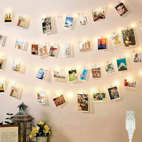 Liyade LED Fotoclips Lichterkette, USB 10M 100LED Lichterkette für Zimmer Deko Fotos Wand mit 60 Klammern und 20 Haken, Fotos Lichterkette für Wohnzimmer, Weihnachten, Hochzeiten (Warmweiß) von Liyade