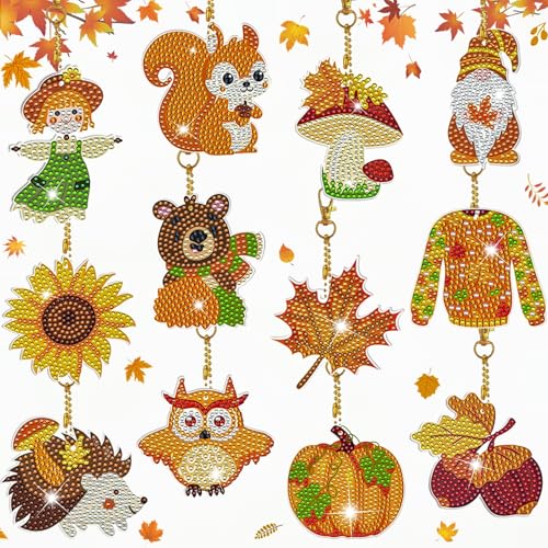 Diamond Painting Schlüsselanhänger für Erwachsene Kinder Herbst Bastelset Halloween Anhänger set mit Herbstwichtel und Tiere Doppelseitige Fall Diamonds Crystal Art Erntedankfest Deko Geschenk von Ljevandria