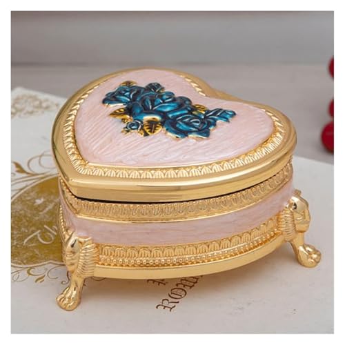 Llpsmeng Goldene Schmuckschatulle in Herzform im Vintage-Stil mit Rosenmuster, kleiner Metallring und Ohrring-Organizer, Samt-Innenausstattung (weiß) von Llpsmeng