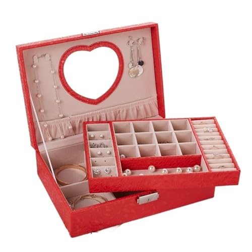 Llpsmeng Schmuckschatulle im europäischen Stil mit Schloss, Holz-Organizer für Ringe, Ohrringe, Halsketten, Armbänder, große Aufbewahrung für Hochzeiten und besondere Anlässe (rot) von Llpsmeng