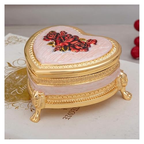 Llpsmeng Schmuckschatulle in Herzform im Vintage-Stil mit Rosenmuster, kleiner Metallring und Ohrring-Organizer, innen Samt (rot) von Llpsmeng
