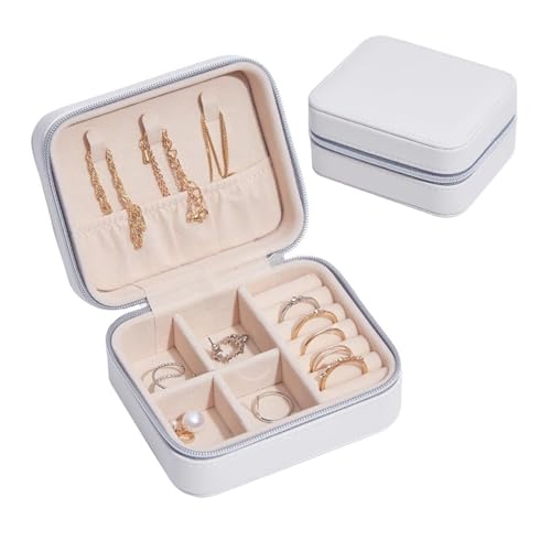 Llpsmeng Tragbare Schmuckschatulle für Ringe, Halsketten und Ohrringe, kleiner Organizer mit mehreren Fächern, für Reisen und Aufbewahrung (weiß) von Llpsmeng