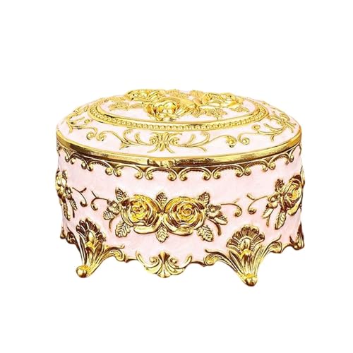 Llpsmeng Vintage-Schmuckschatulle für Damen, kleiner Reise-Organizer aus Metall für Halsketten, Ringe, Ohrringe, ovale Form, rotes Samtfutter, antikes Blumen-Design (rund) von Llpsmeng