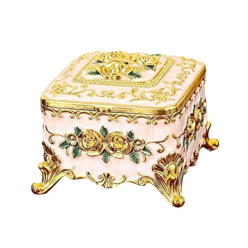Llpsmeng Vintage-Schmuckschatulle für Damen, kleiner Reise-Organizer aus Metall für Halsketten, Ringe, Ohrringe, ovale Form, rotes Samtfutter, antikes Blumenmuster (quadratisch) von Llpsmeng