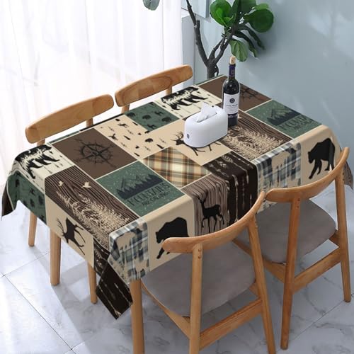 Rustikale Tischdecke mit Bär im Landhausstil, rund, wasserdicht, auslaufsicher, rund, Tischdecke für Küche, Esszimmer, Party, Dekoration, rustikale Hütte, wilde Hütte, Elch, Hirsch, Bär, Karomuster von Llylumty