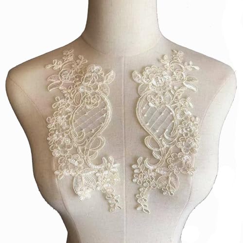 Lmlliang 1 Paar Spitzenapplikationen mit Blumenapplikation, bestickt, Blumenmotiv, Spitzenbesatz für DIY-Kleidung, Hochzeitskleider, Handwerk und Dekorationen, Champagner von Lmlliang