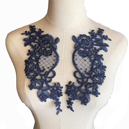 Lmlliang 1 Paar Spitzenapplikationen mit Blumenapplikation, bestickt, Blumenmotiv, Spitzenbesatz für DIY-Kleidung, Hochzeitskleider, Handwerk und Dekorationen, Marineblau von Lmlliang
