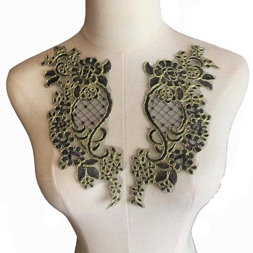 Lmlliang 1 Paar Spitzenapplikationen mit Blumenapplikation, bestickt, Blumenmotiv, Spitzenbesatz für DIY-Kleidung, Hochzeitskleider, Handwerk und Dekorationen, Schwarz & Gold von Lmlliang