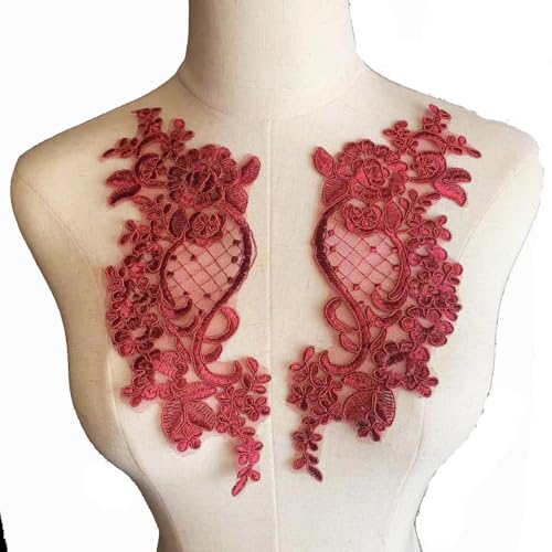 Lmlliang 1 Paar Spitzenapplikationen mit Blumenapplikation, bestickt, Blumenmotiv, Spitzenbesatz für DIY-Kleidung, Hochzeitskleider, Handwerk und Dekorationen, Weinrot von Lmlliang